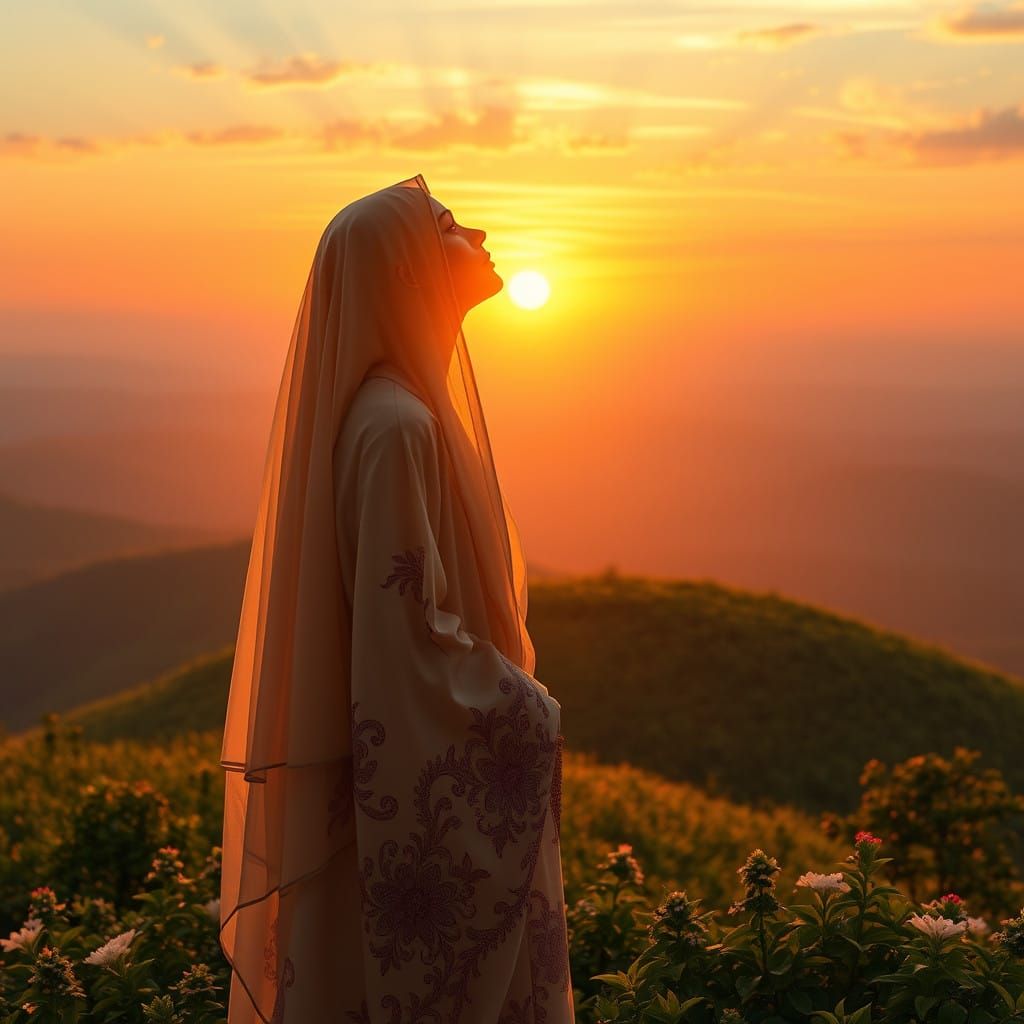 Serene Female Figure Gazing Upward in Warm Golden Light