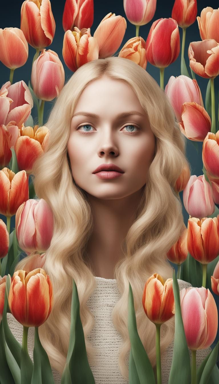 Dreamy Portrait of a Blonde Lady with Tulips