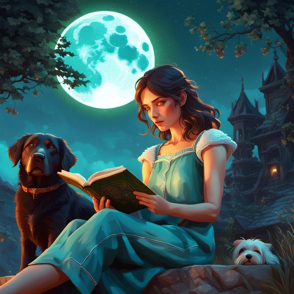Woman Reading with Dog in Moonlight, Concept Art