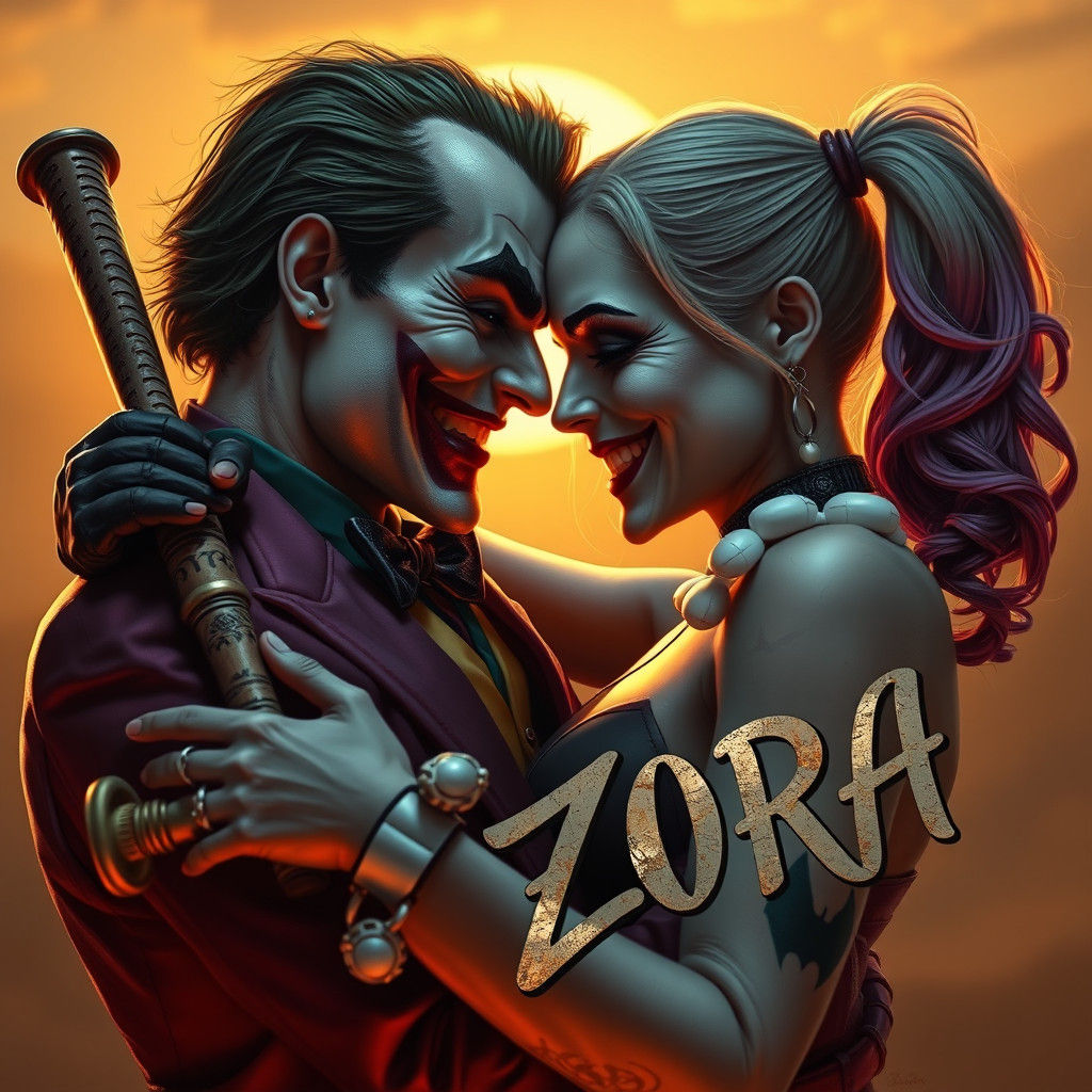 Joker and Harley Quinn Embrace in Surreal Sunset