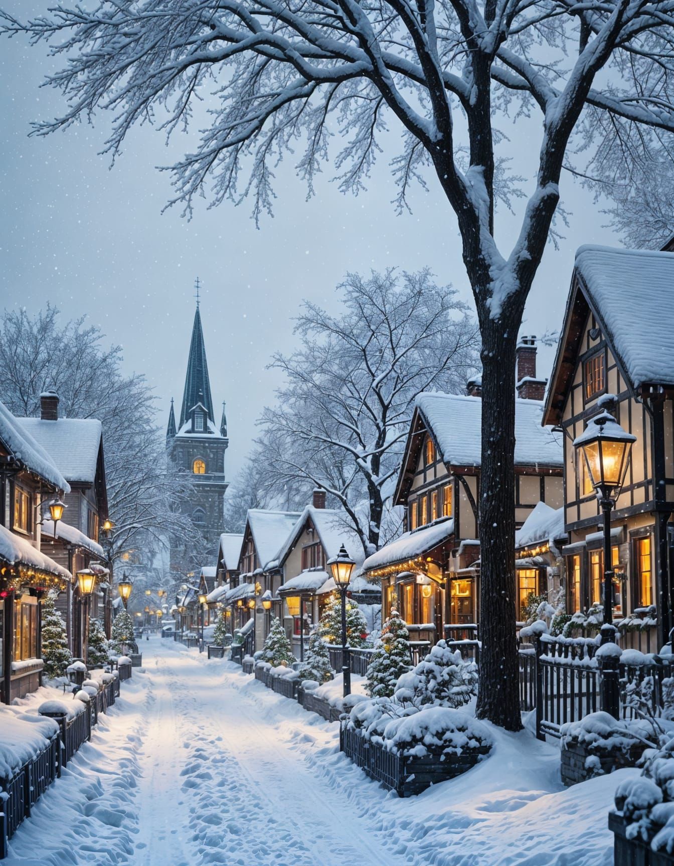 Stunning Christmas Village in Snow with Sharp Focus