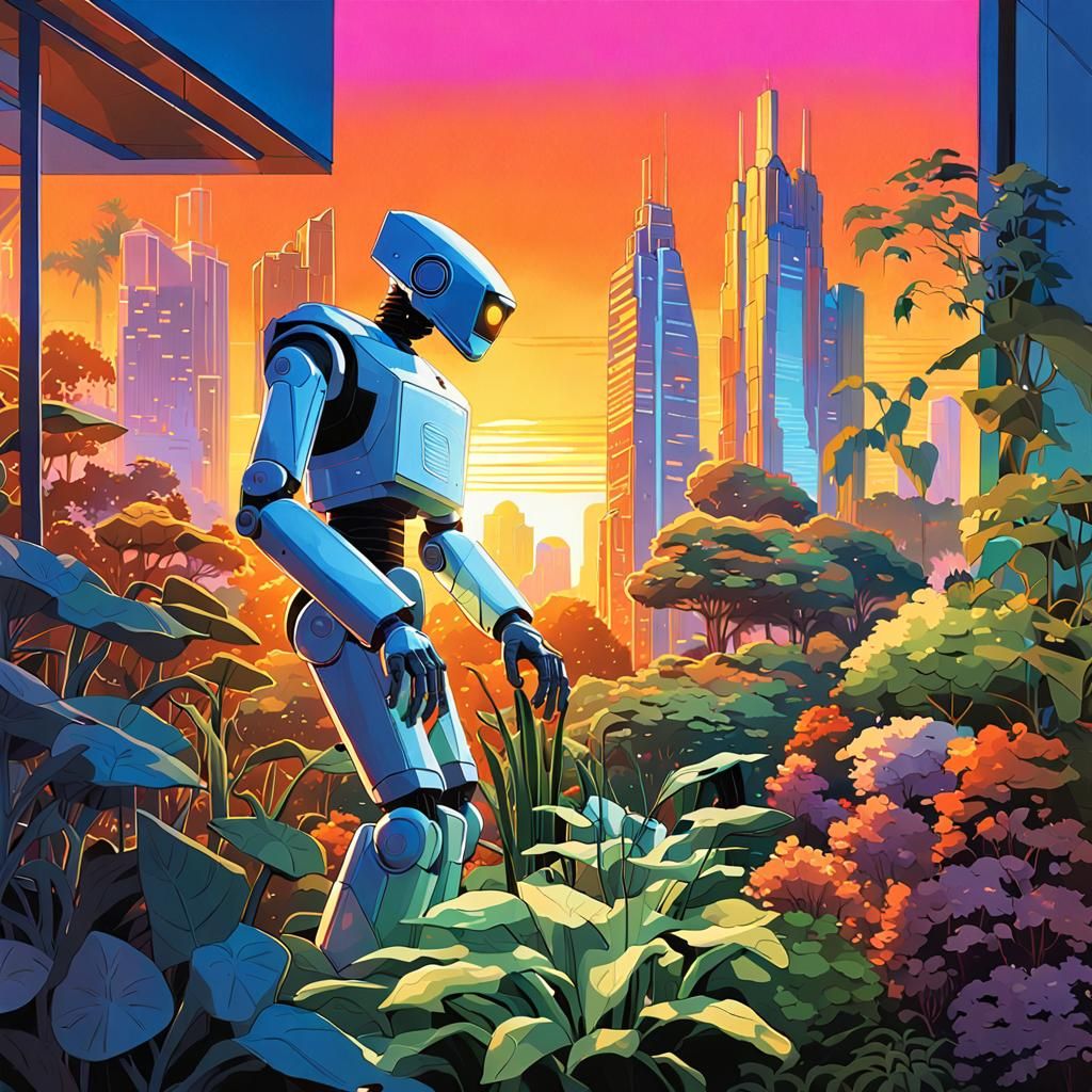 Robot Gardener in Sci-Fi Urban Oasis