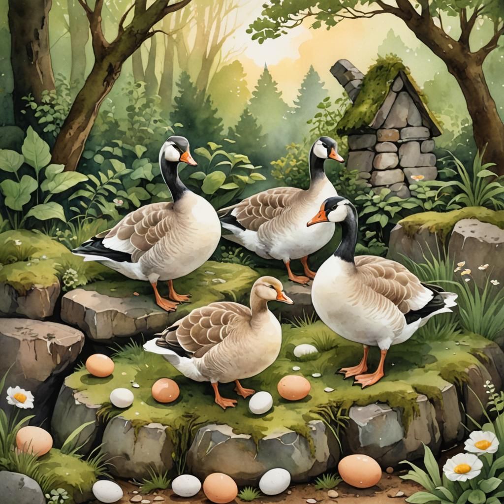 Whimsical Geese in a Charming Watercolor Scene