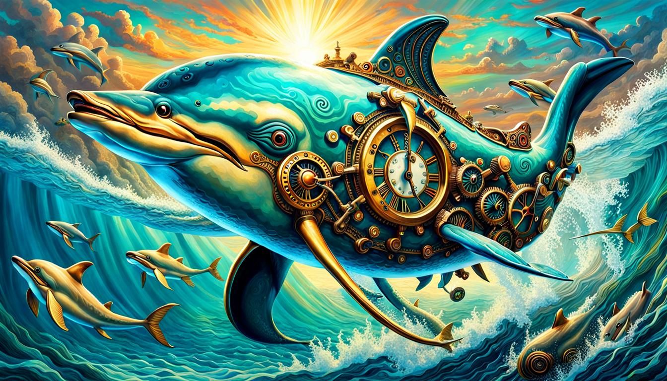 Steampunk Dolphins Race Clockwork Fish in Vibrant Seascape
