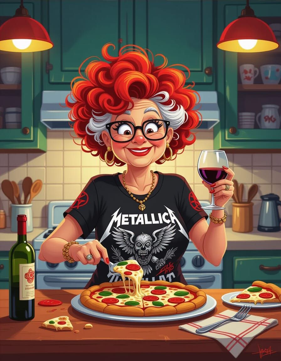 Quirky Grandma Makes Pizza in Vibrant Disney Graffiti Style