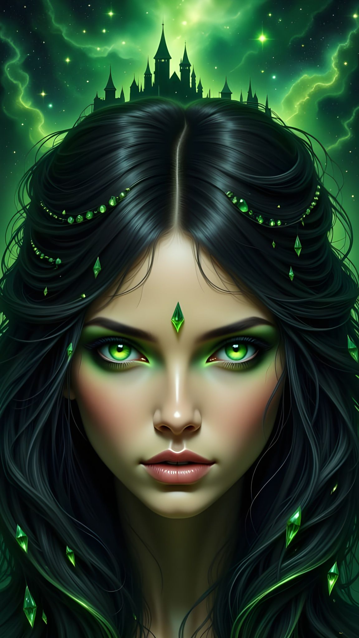 Alluring Witch With Emerald Eyes in Cosmic Nebula