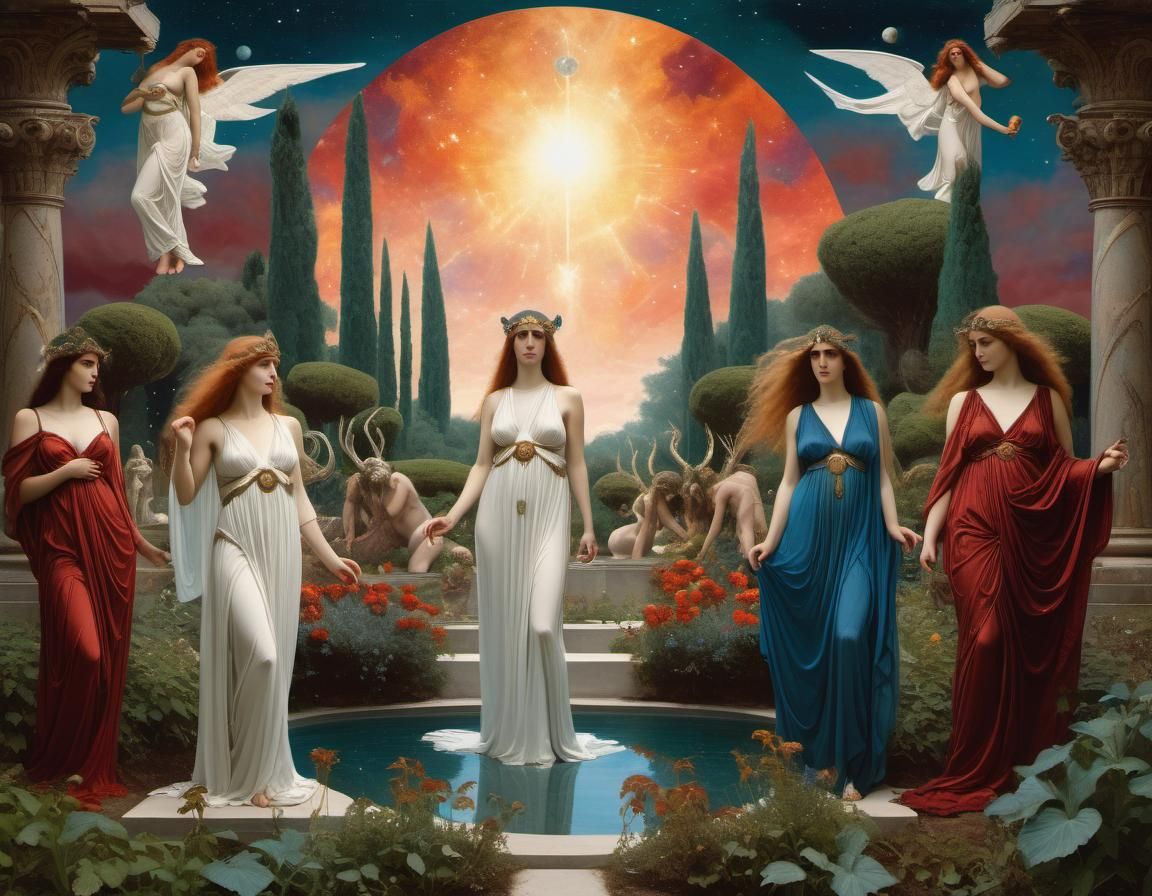 A mystical and majestic scene depicting the Titanides, godde...