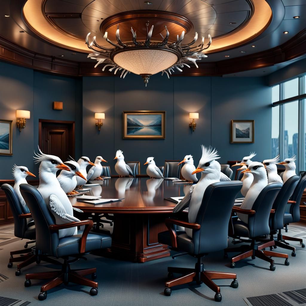 Terns in Boardroom: Photorealistic Fantasy Concept Art