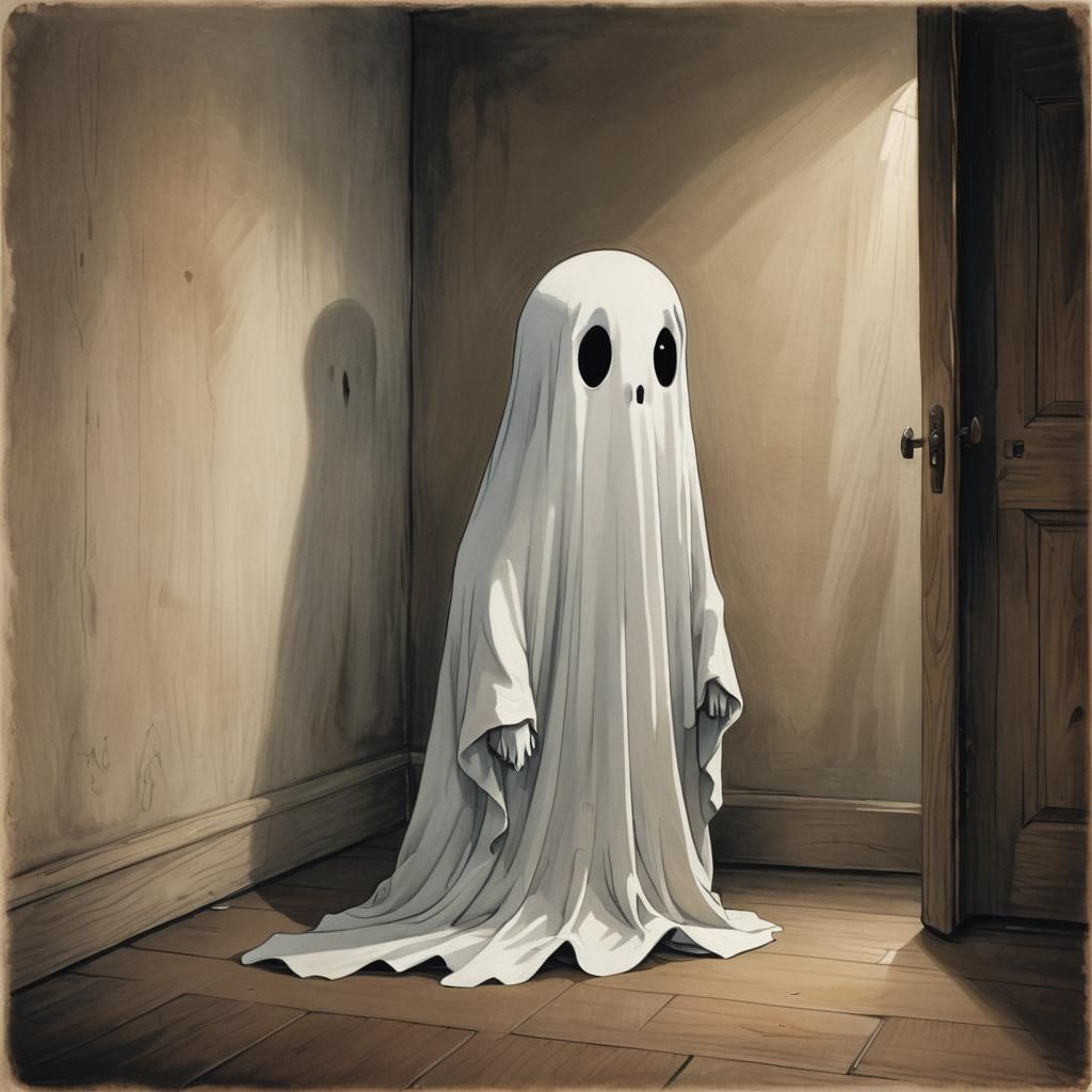 Adorable Ghost in Spooky Room Cartoon