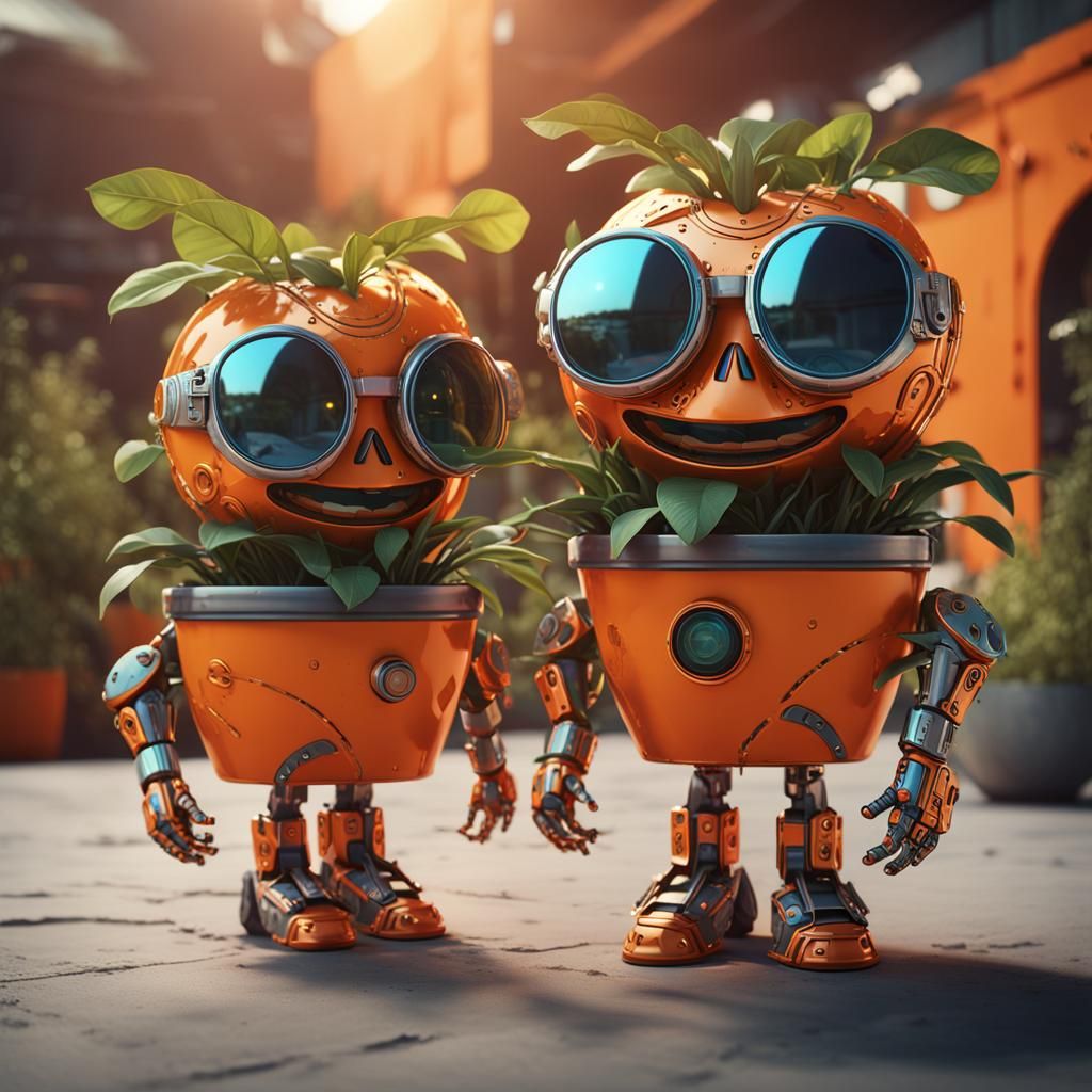Anthropomorphic Tangerine Twins in a Sci-Fi Setting
