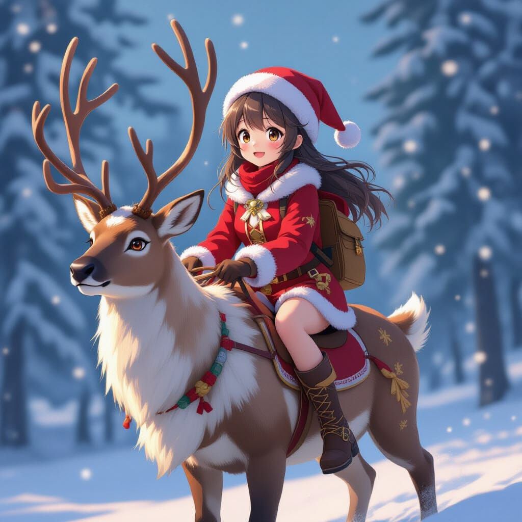 Anime Girl Riding Reindeer Friend