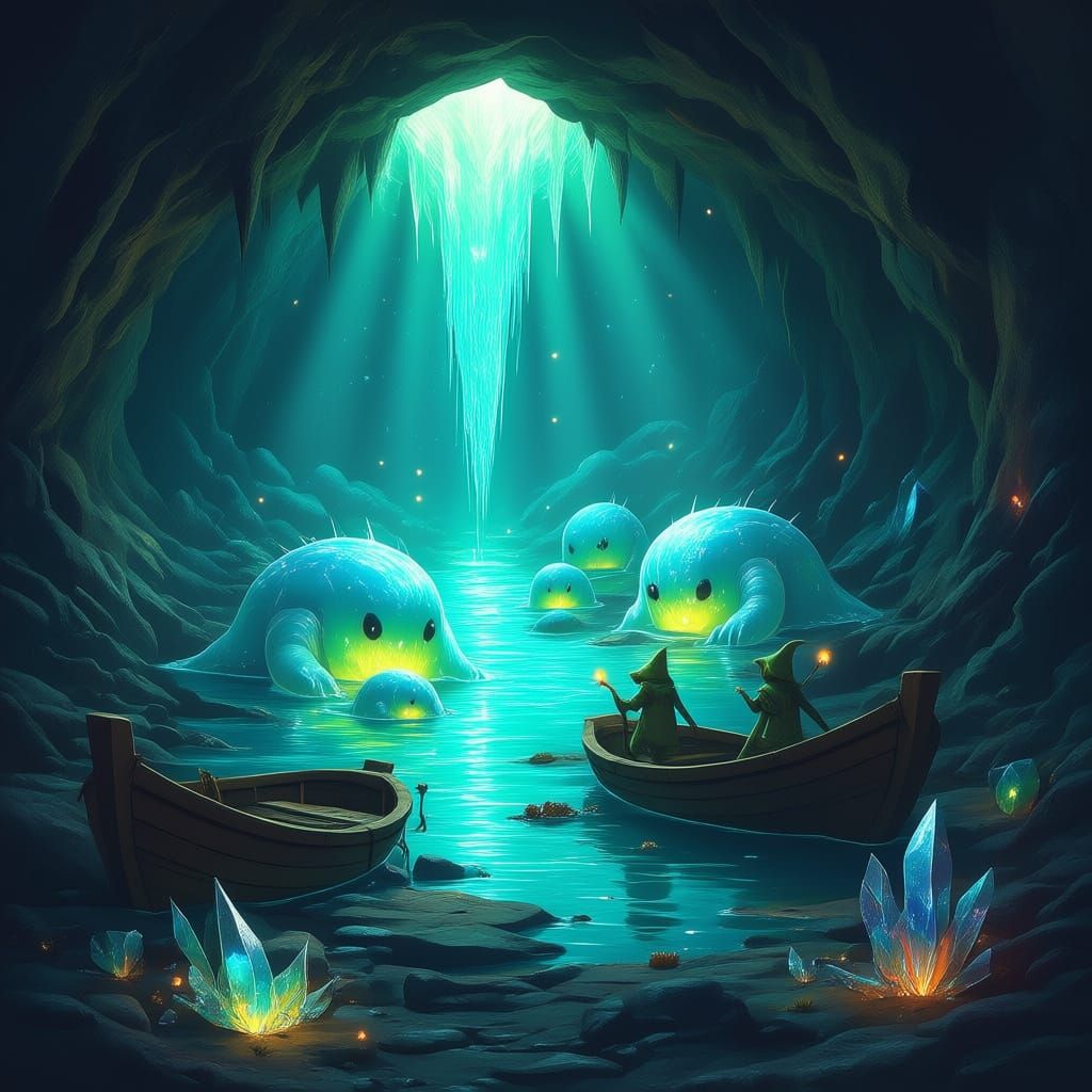 Crystal Slime Monsters Explore Glowing Cavern With Kobolds