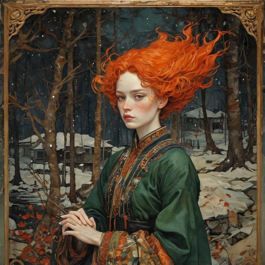 Fantastical Fire Maiden in Art Nouveau Style