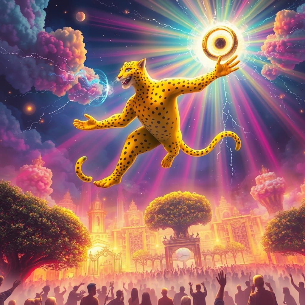 Yellow Leopard Man Soaring Above Cities of Time