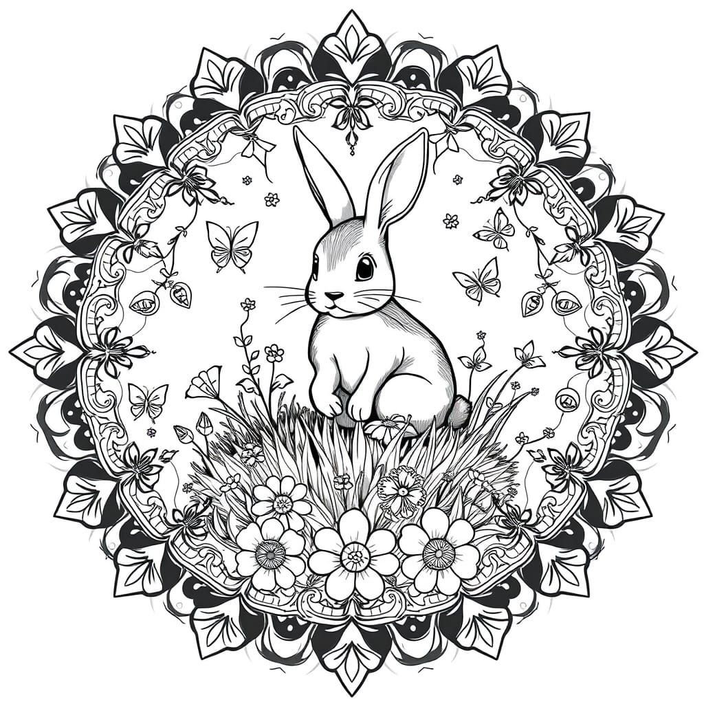 Intricate Whimsical Mandala with Serene Rabbit and Blooming ...