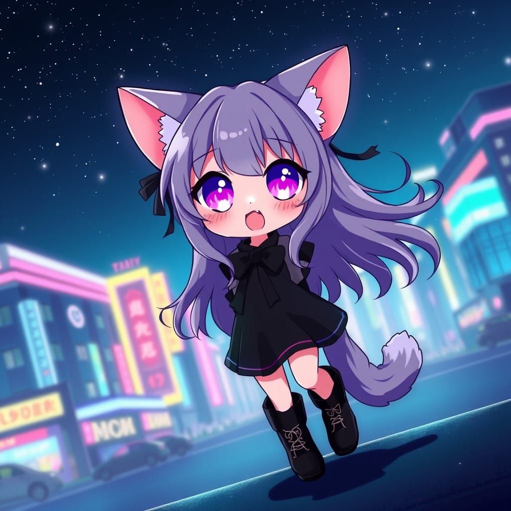 Neon Cyberpunk Catgirl Dances Under Starry Night