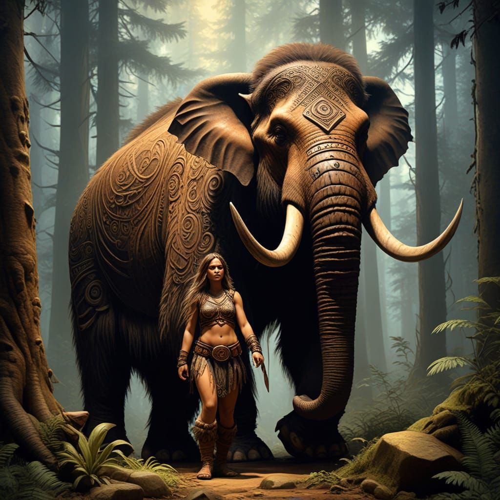 A barbarian woman stands next to a mammoth in prehistoric ti...