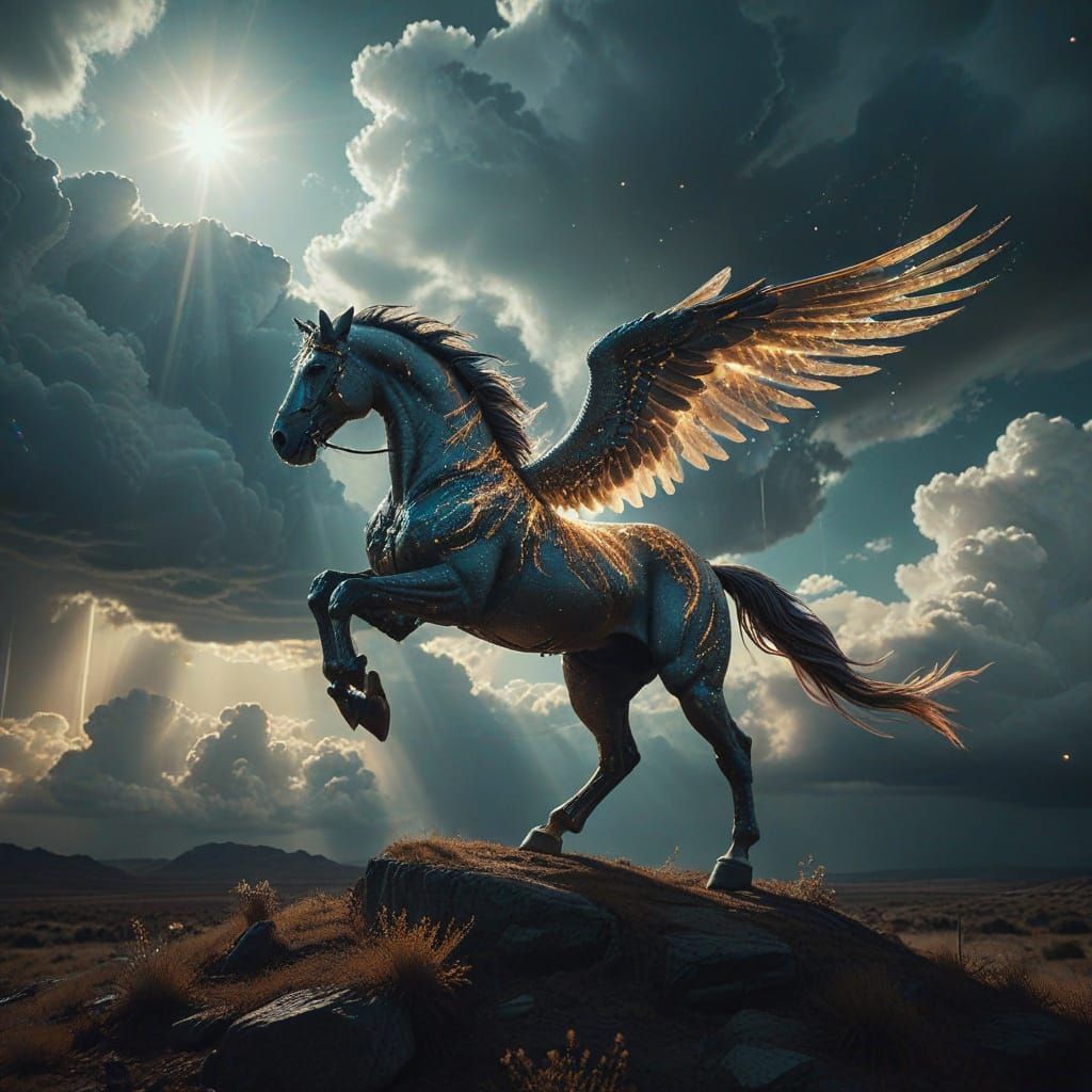 Celestial Winged Horse Amidst Clouds and Sparkles