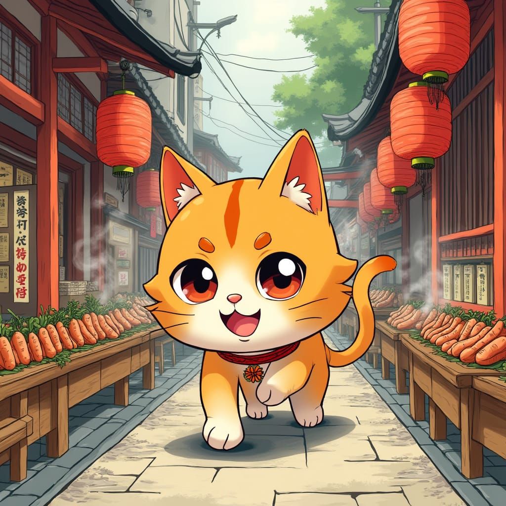 Vibrant Cat Surrounded by Traditional Japanese Yam Stands in...