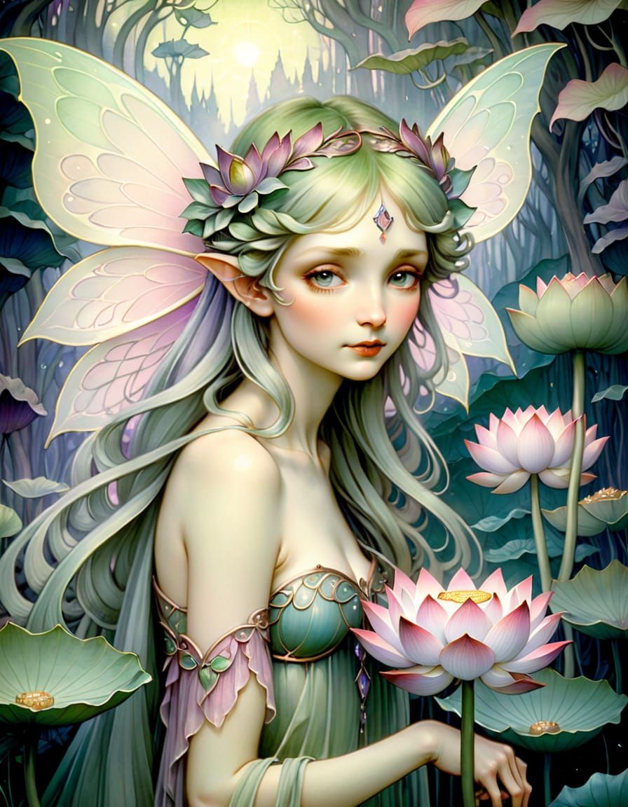 Whimsical Fairy on Lotus Flower in Enchanted Forest
