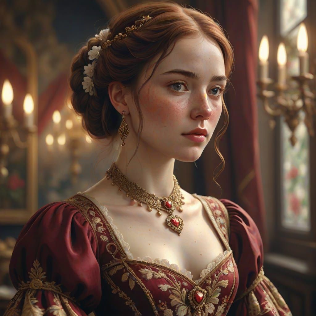 Regal Young Woman in Embroidered Gown, Romanticism Style