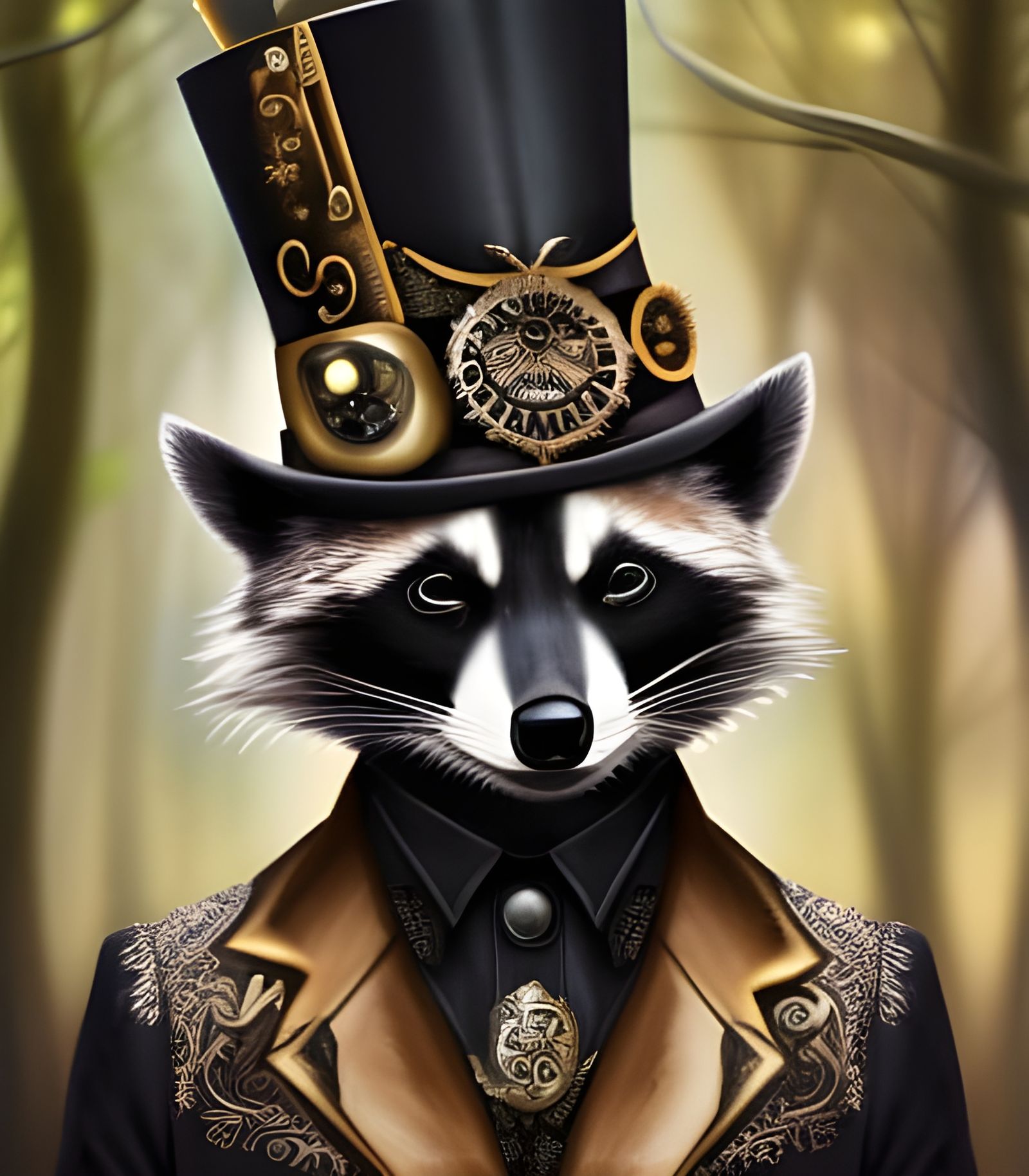 Steampunk Raccoon Portrait in a Detailed Forest