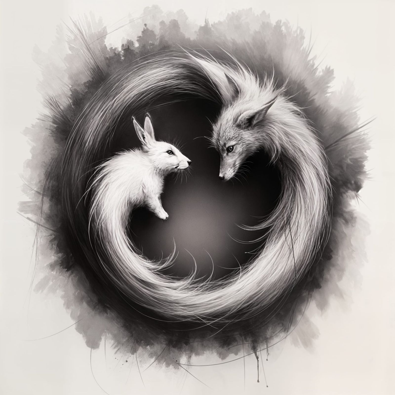 Fox and Rabbit Yin Yang in Charcoal Sketch Style