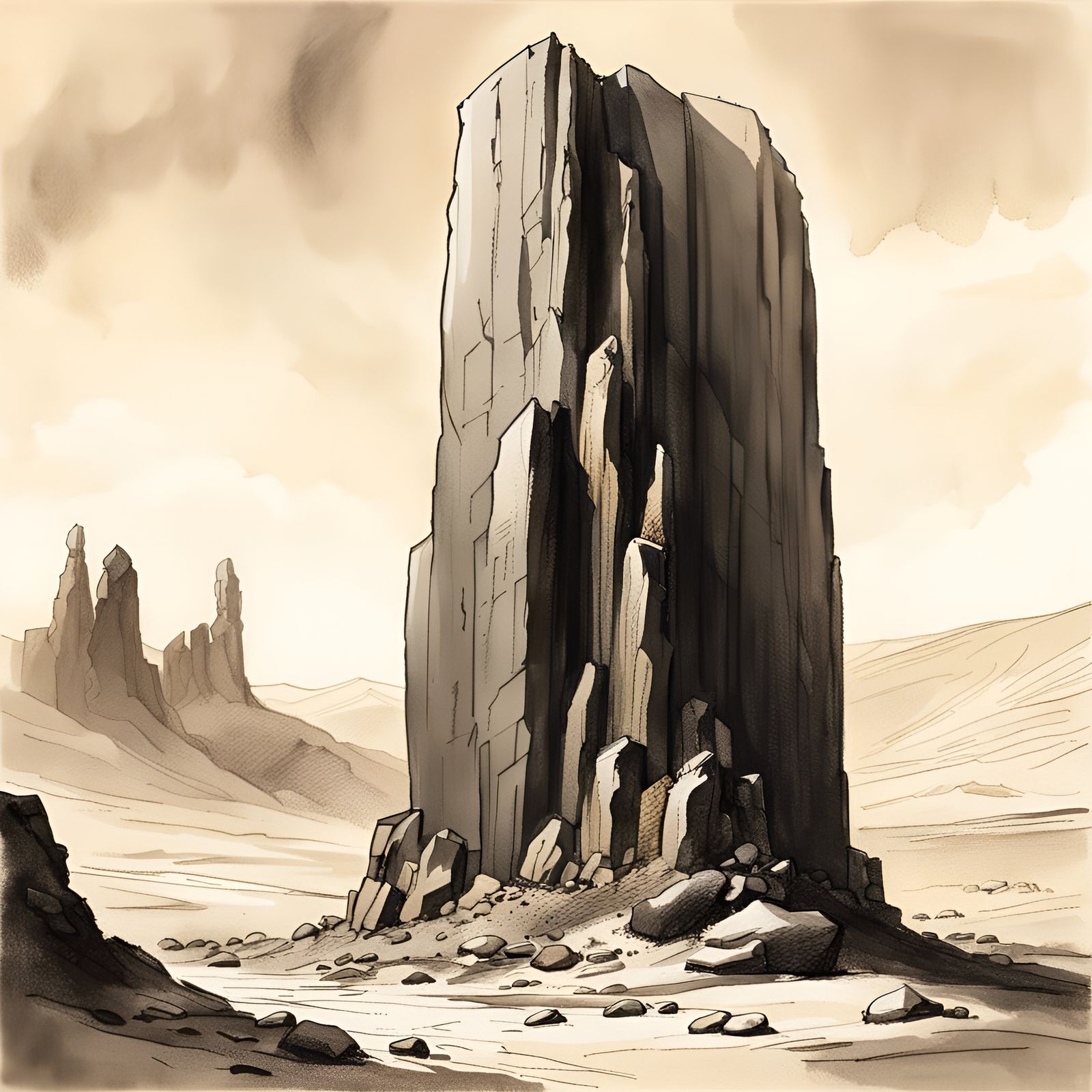 Basalt Monolith in Ink Wash Sketch Style