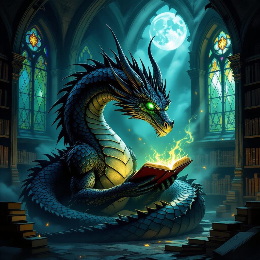 Ancient Dragon Guards Forbidden Library in Dark Fantasy Art