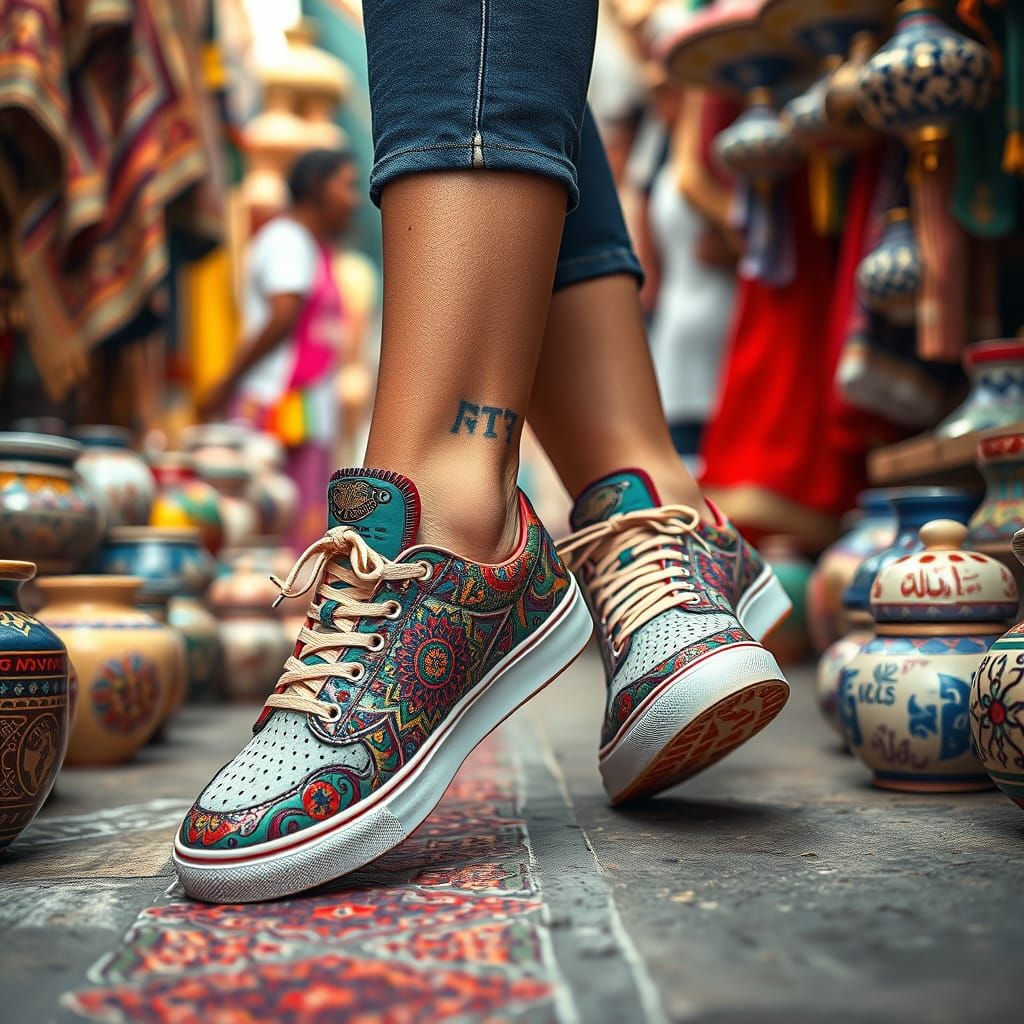 Vibrant Tunisian-Inspired Sneakers in a Bustling Souk