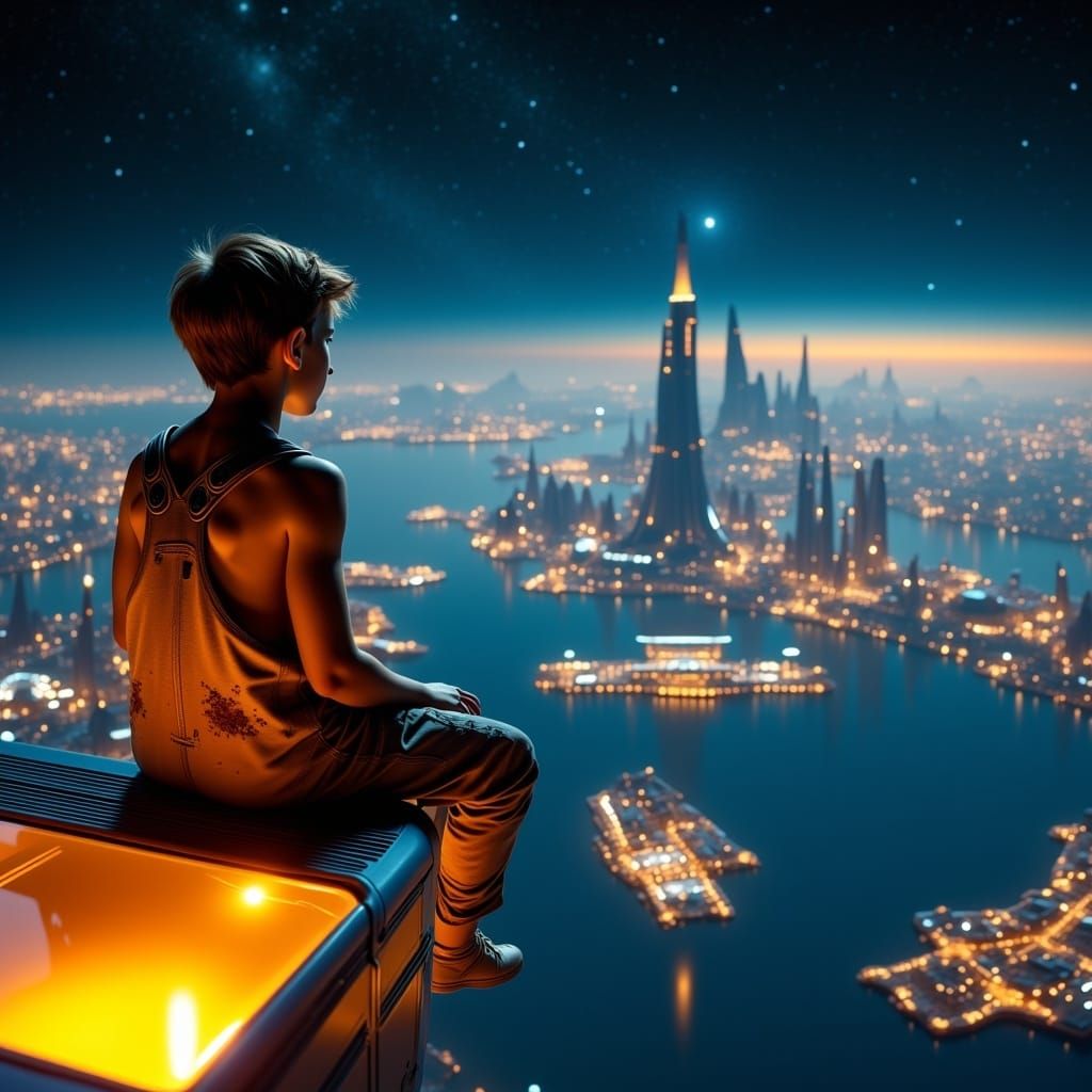 Boy on Flight Deck Overlooking Futuristic City