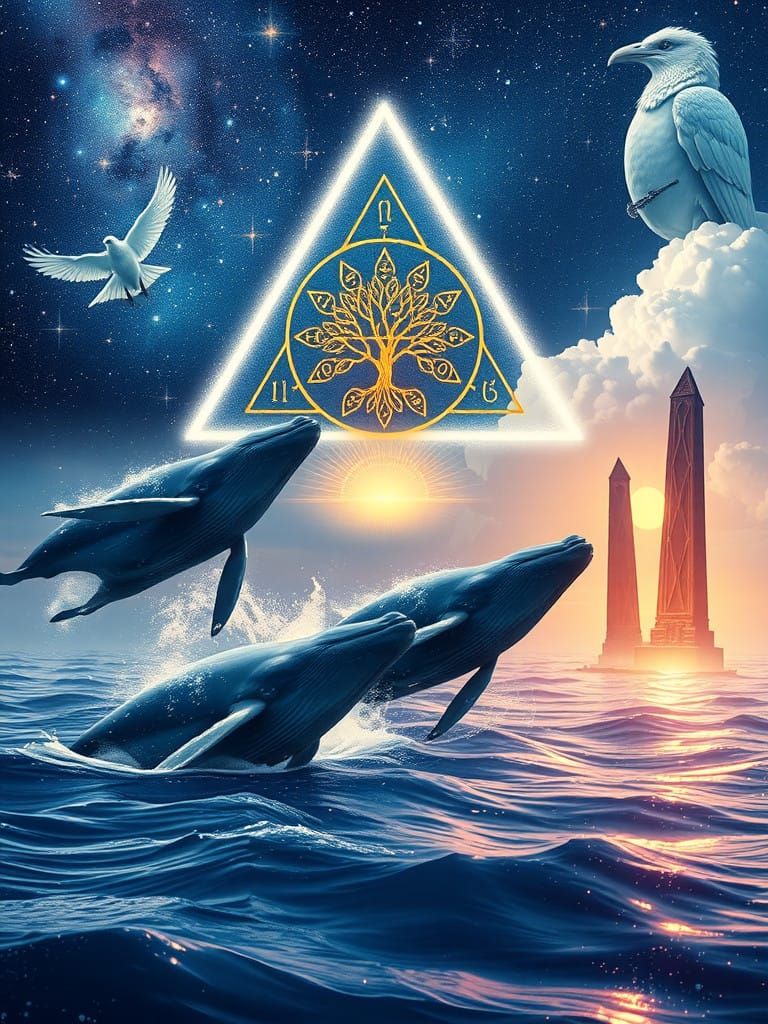 Whales Dance Amidst Celestial Magic and Ancient Wisdom