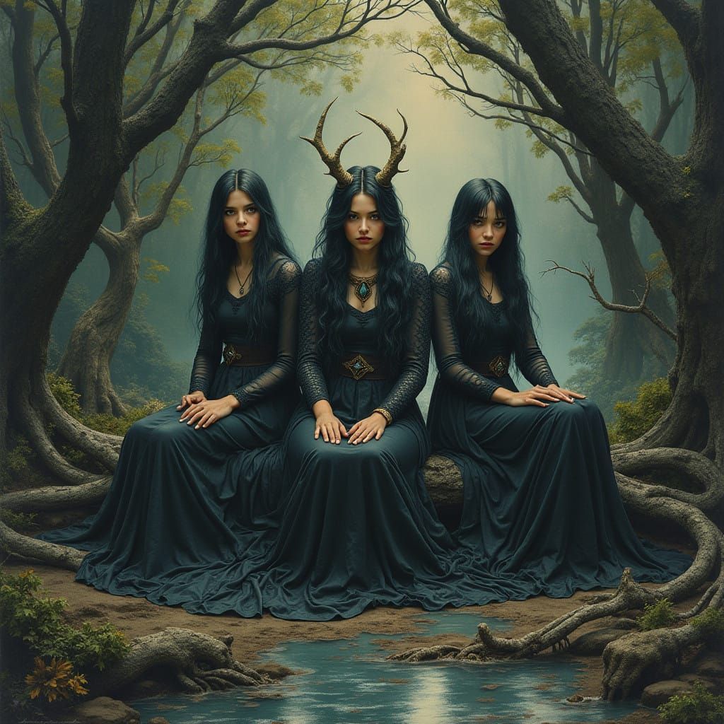 Three Mysterious Women Weave Fate in a Mystical Landscape