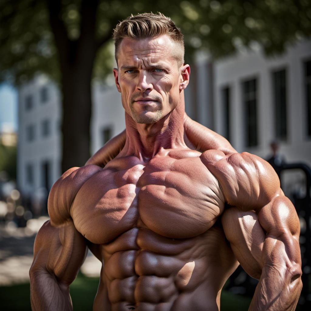 Muscular Bodybuilder Flexing in Sunlight: Professional Portr...