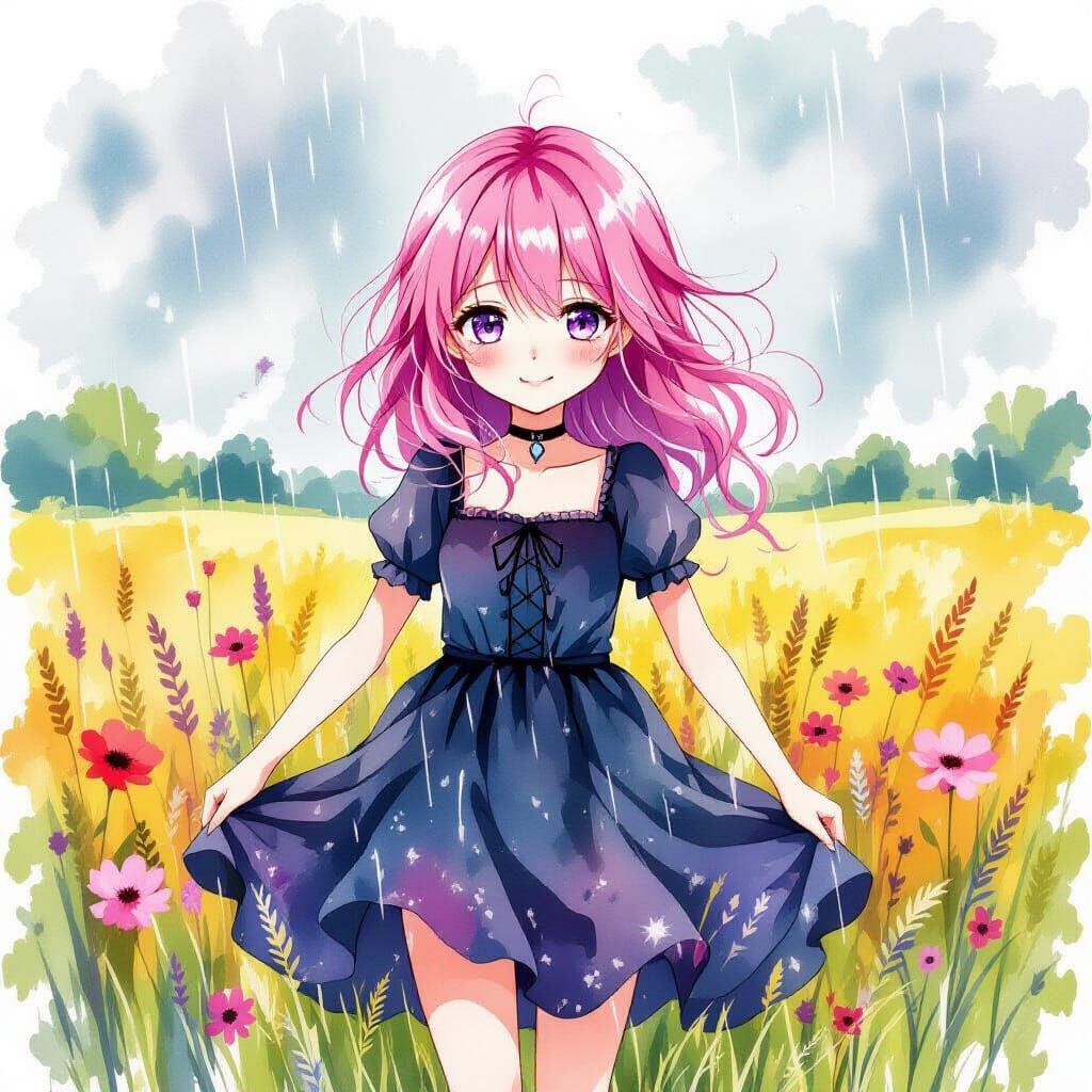 Girl in Gothic Dress Plays in Summer Rain