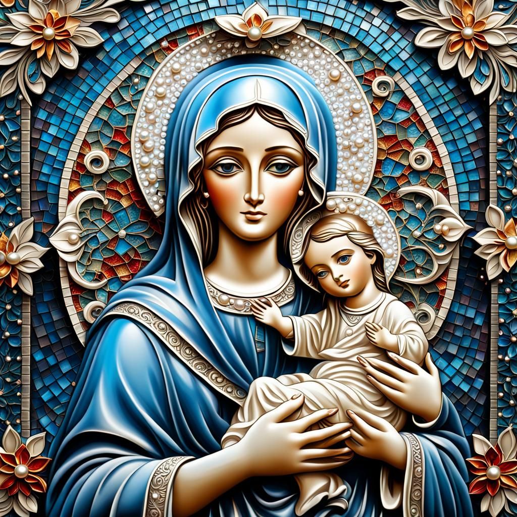 Mary and Jesus Embossed Ironwork Mosaic