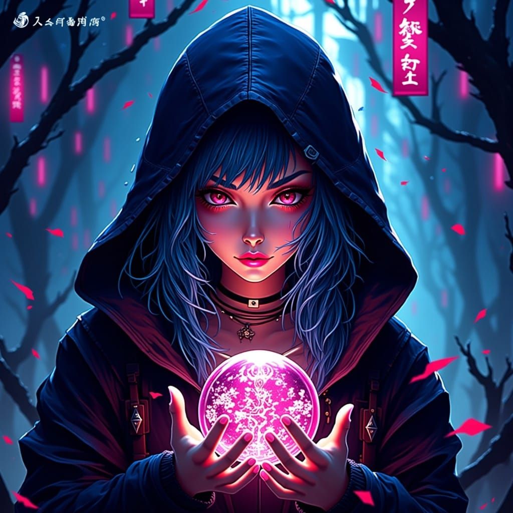 Blue-Haired Cyberpunk Girl Holding Glowing Orb