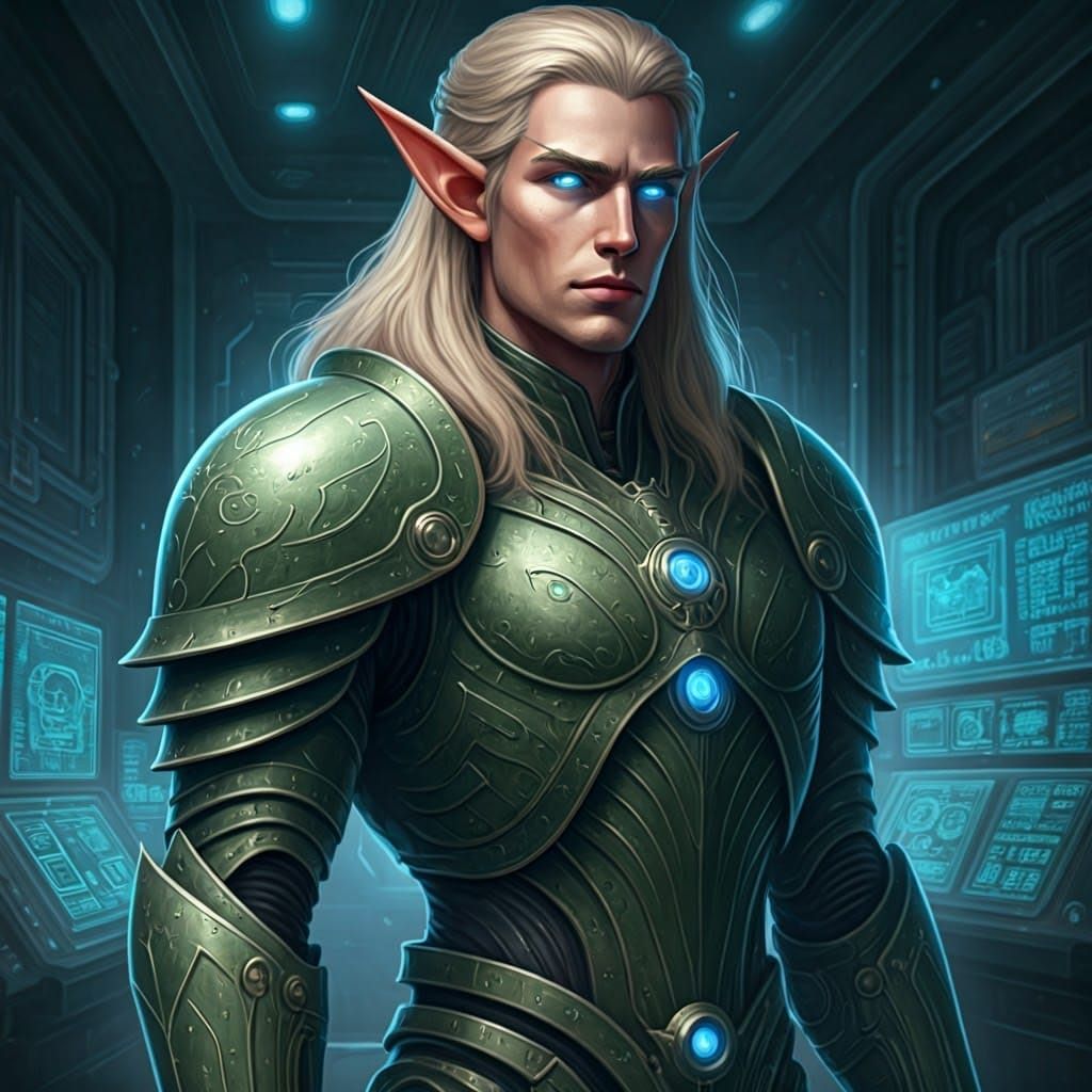 High Elf Warrior in Sci-Fi Hangar, Science Fantasy Art