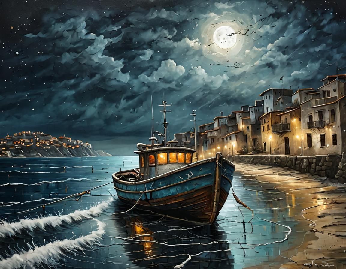 Fishing Boat at Night: Acrylic Painting