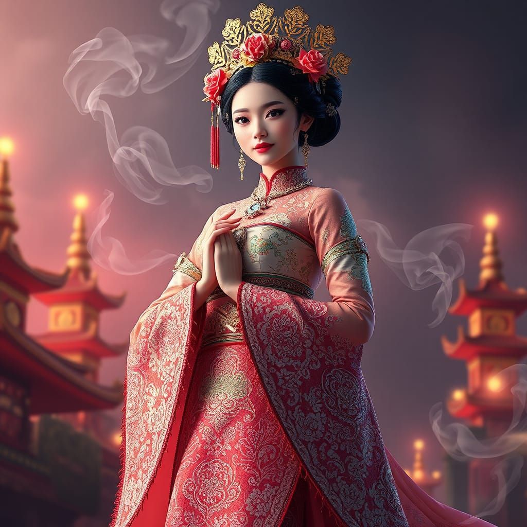 Beautiful Woman in Baba-Nyonya Costume: 3D Anime Art