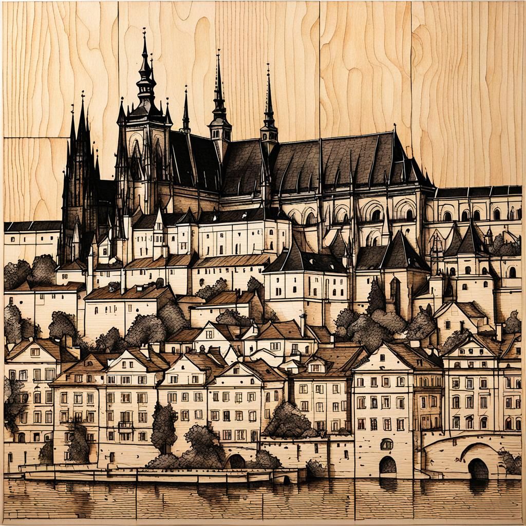 Prague Castle: 3D Burned Wood Mosaic Ink Drawing