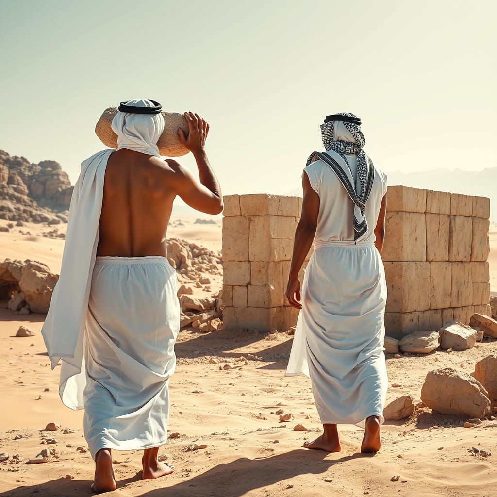 Strong Arab Men Build in the Desert Landscape
