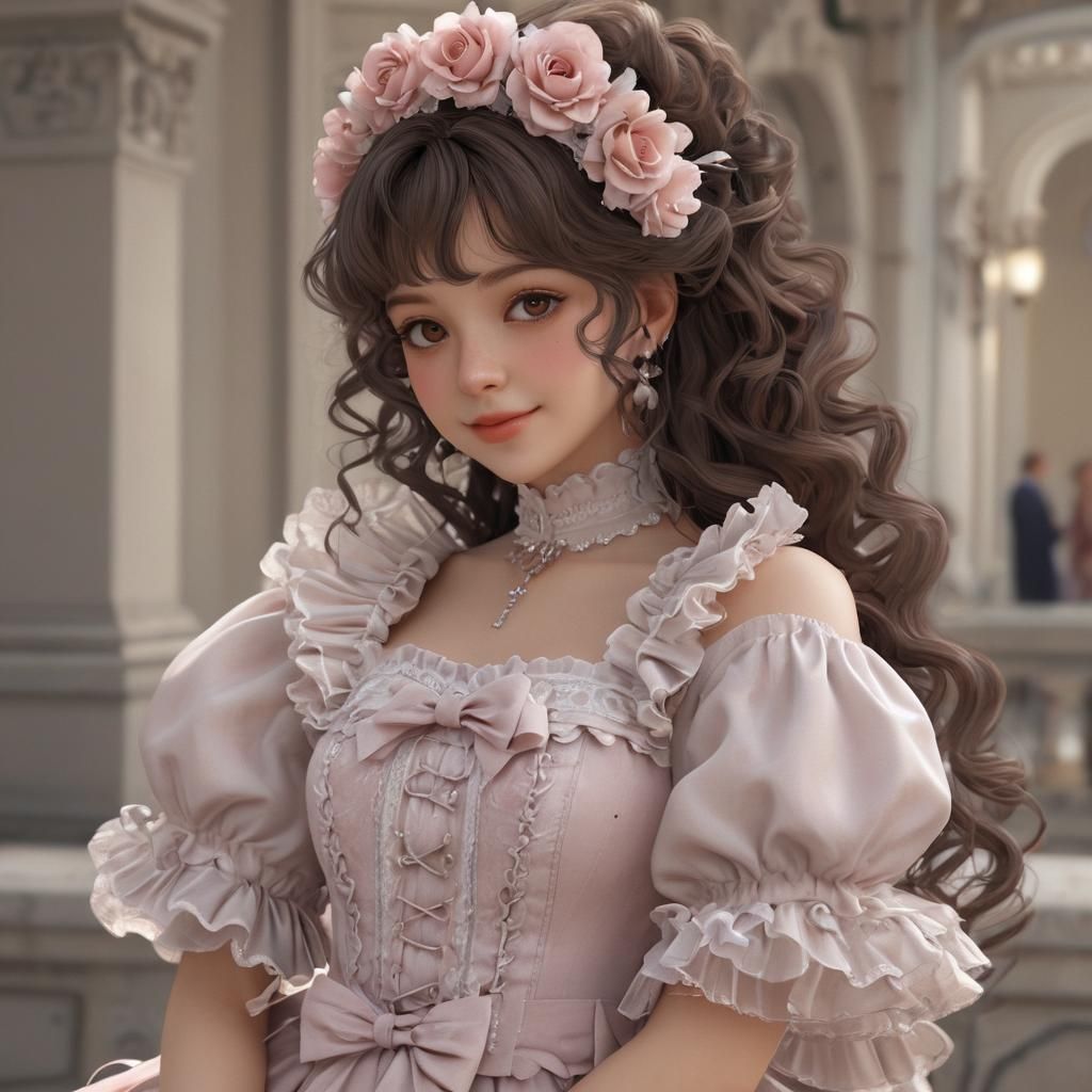 pretty young woman wearing a sweetlolita dress with elaborat...