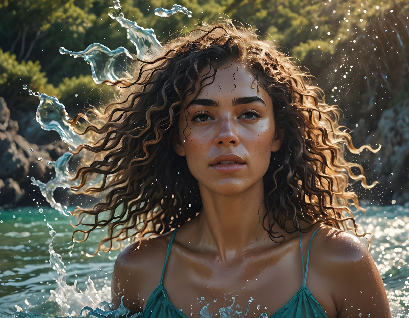 Young Curly Woman in Water