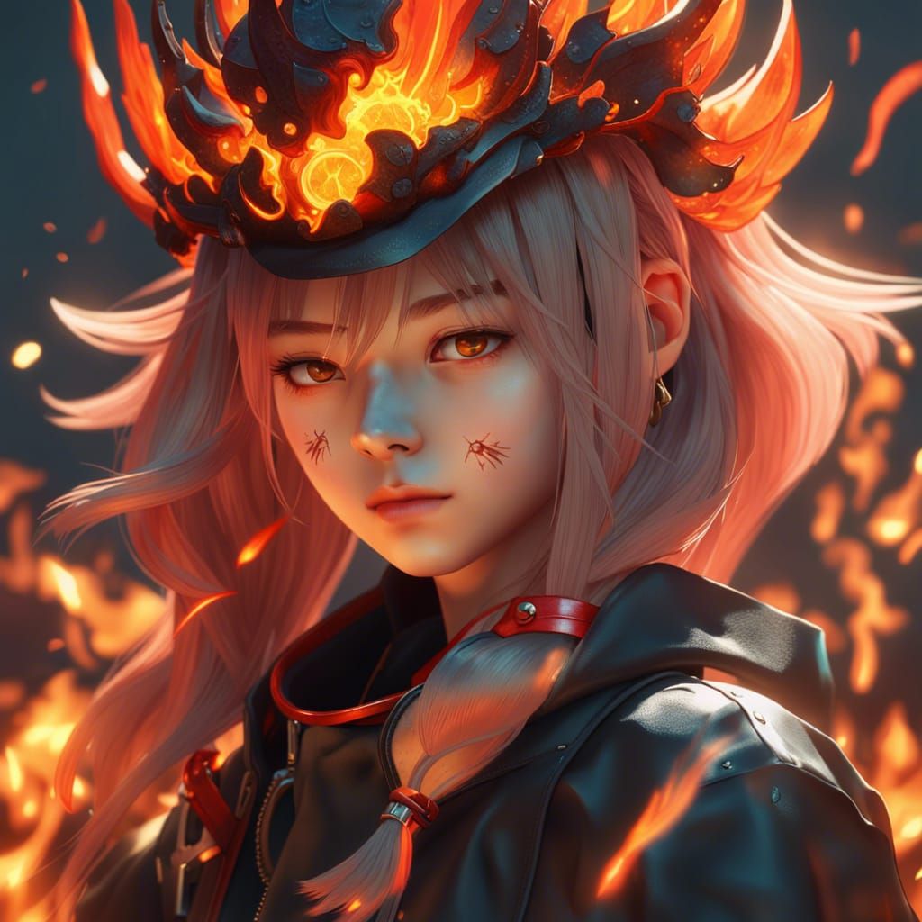 Fiery Anime Portrait in Detailed 3D Style