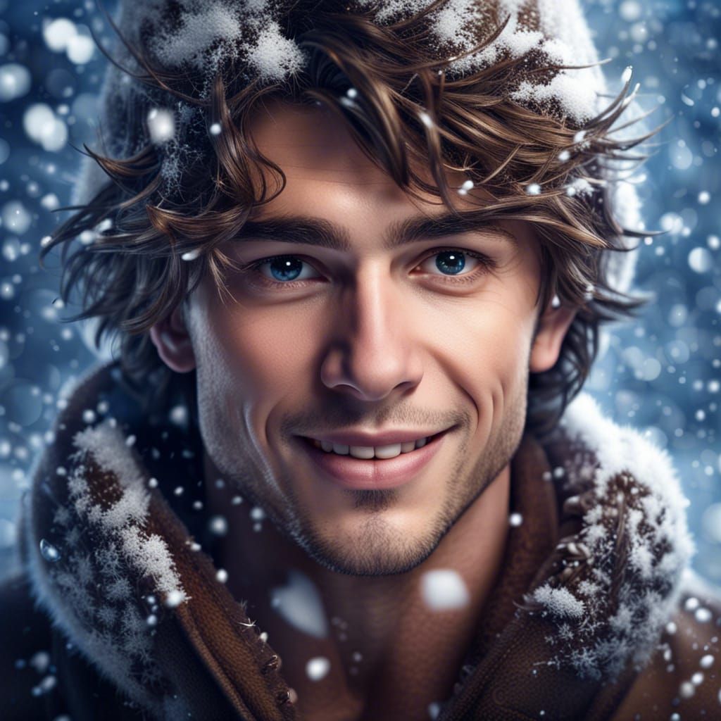 Snowy Portrait of Smiling Man in Winter Frame