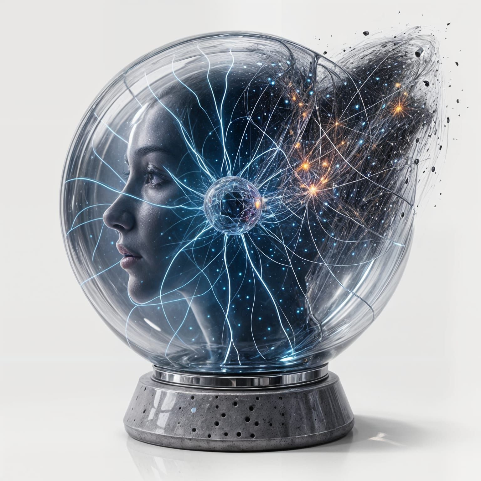 Woman's Face in Mirrored Plasma Ball Explosion