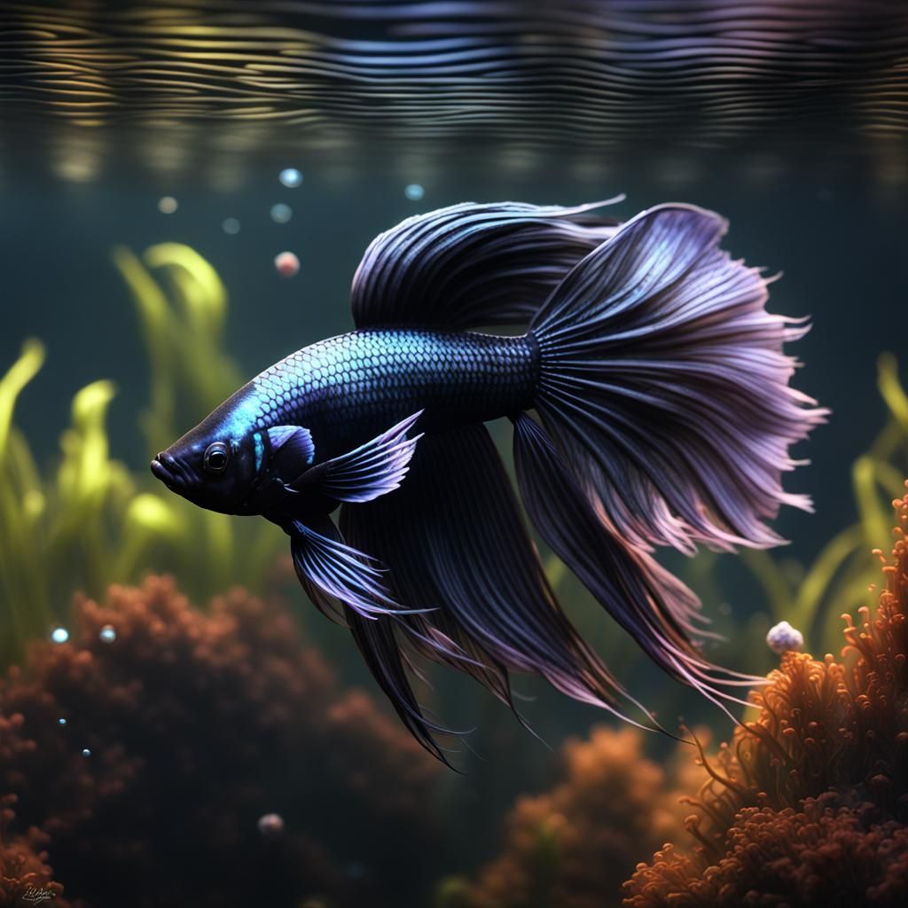 Black Betta Fish with Holographic Stripes