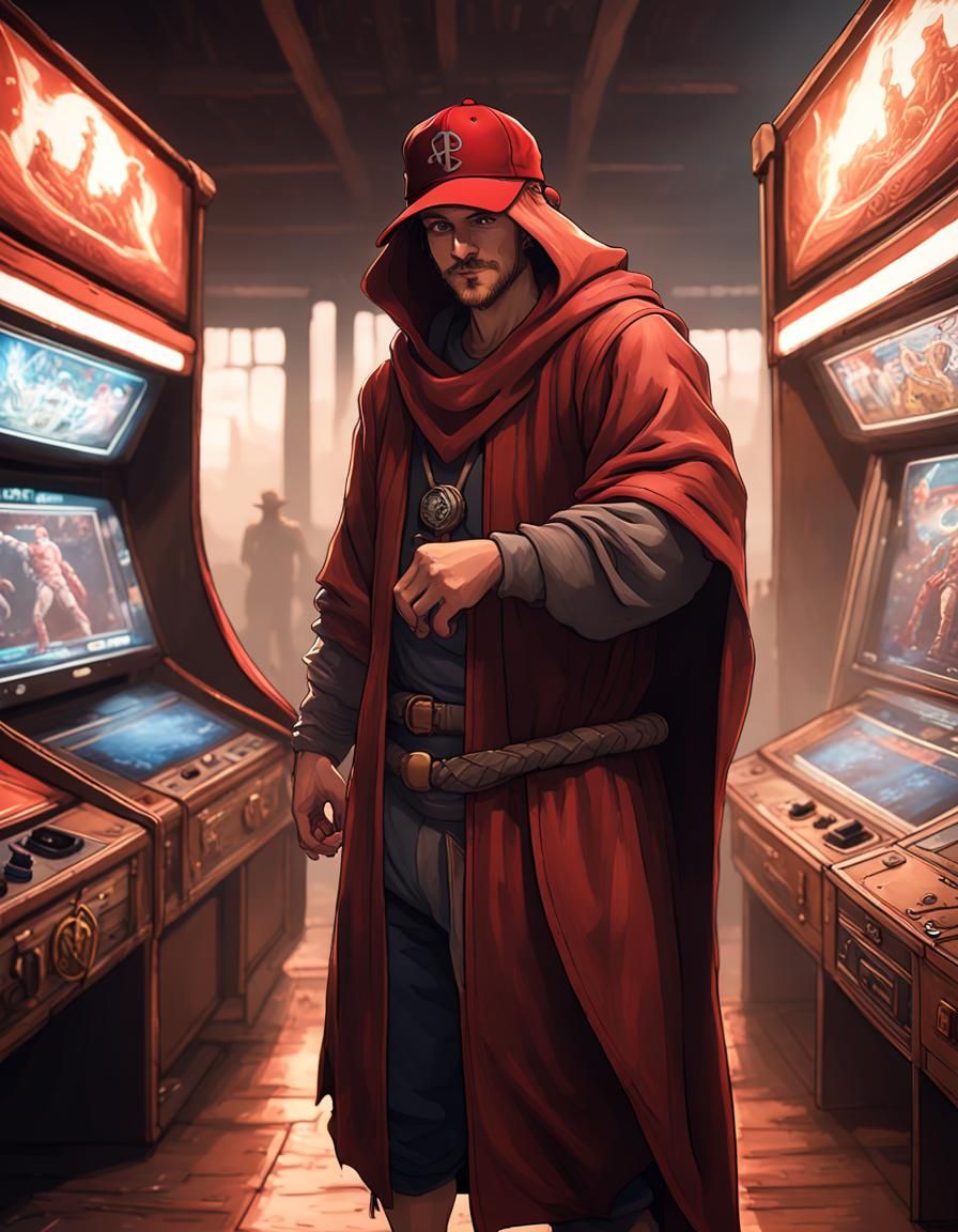 Nomadic Gamer in Arcade Coliseum, Dark Fantasy Art