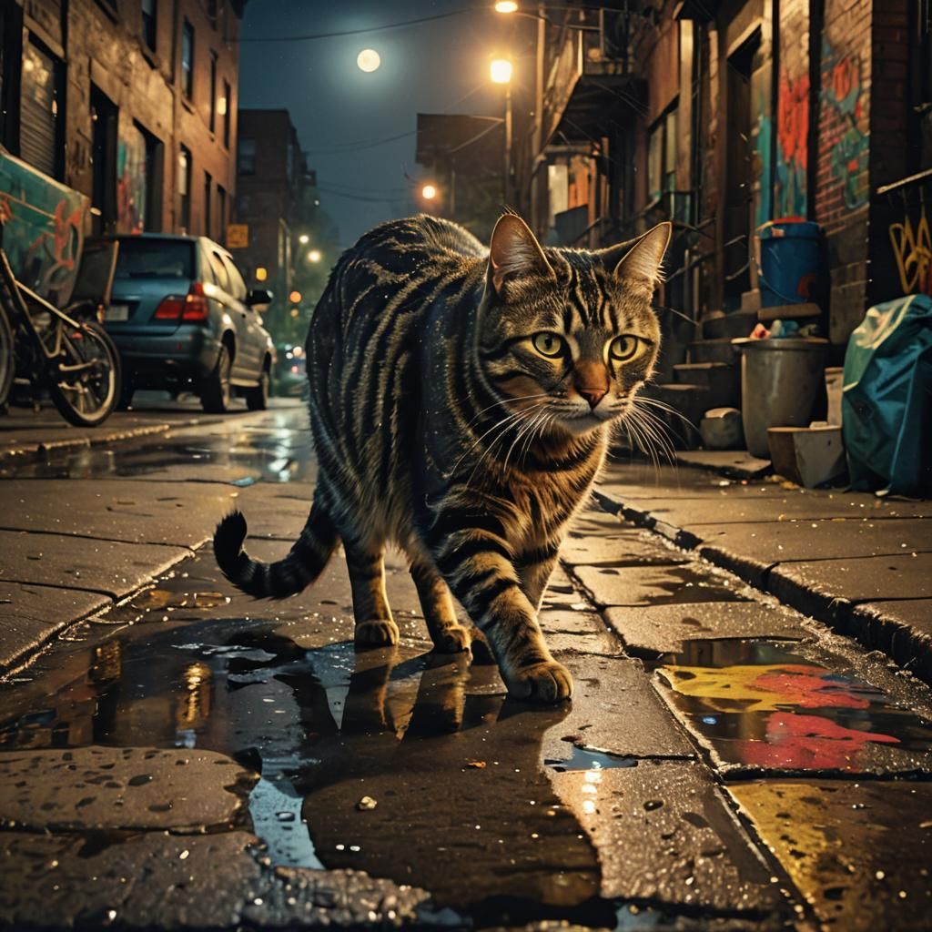Tabby Cat Stalks a Wet Urban Street